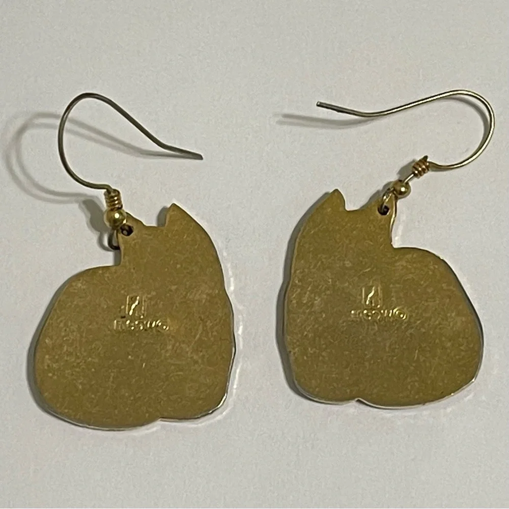 Vintage Meow Cat Enamel Dangle Earrings Gold Tone Rim Black Pink Cream Feline